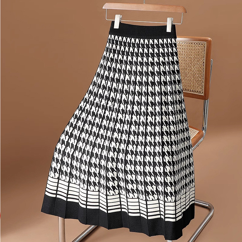 Rok rajut motif houndstooth, rok lipit berpinggang tinggi, rok lebar panjang sedang