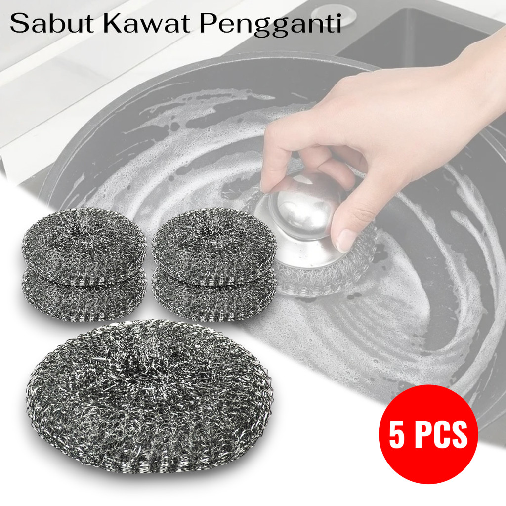 Sabut Kawat Cuci Piring Stainless Steel Scrubber ISI 5 PCS, Bola Kawat Pembersih Kerak Panci Wajan K