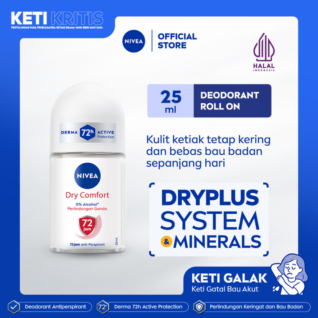 NIVEA Deodorant Roll On Dry Comfort 25ml - Deodoran wanita kering mengontrol minyak anti bau keringa