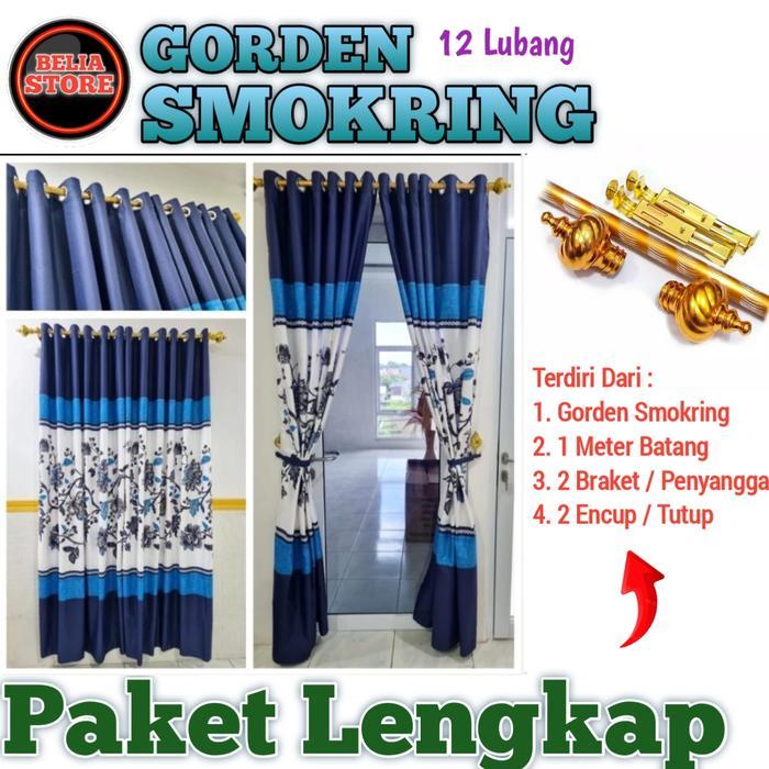 Paket Lengkap Gorden Smokering 12 Lubang Lebar 100-115cm Tinggi 220cm dengan Batang Gorden 1 Meter d