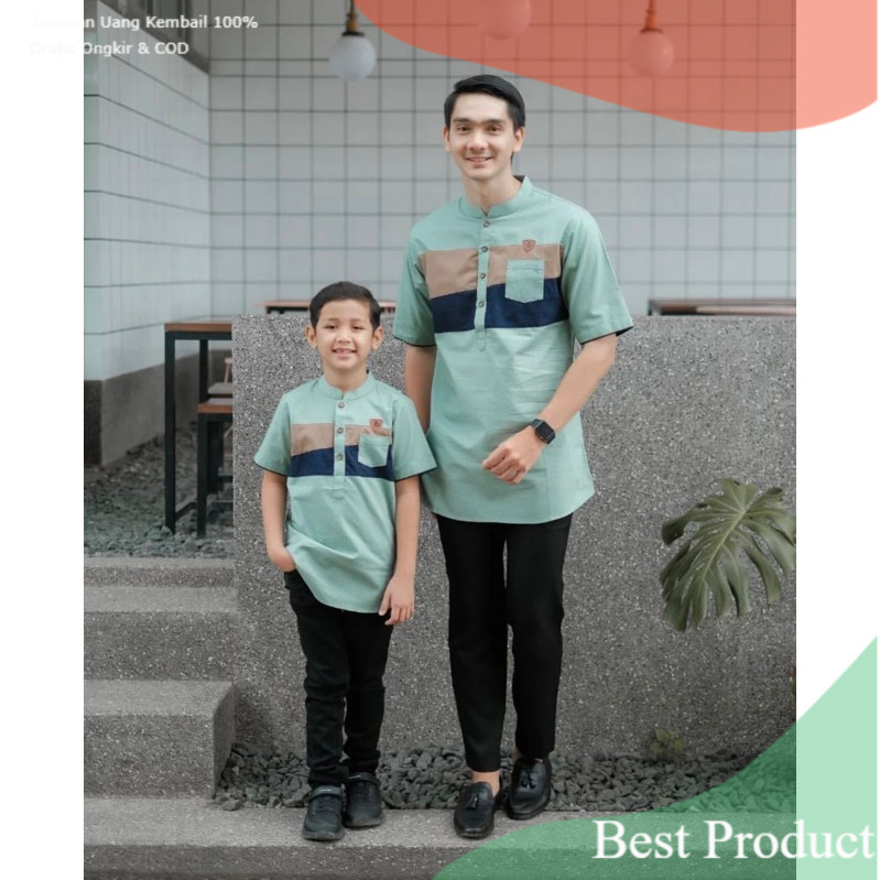 Baju Lebaran Couple Pasangan 2024 Kemeja Koko Ayah Dan Anak Laki Laki Kurta Yaman Rabbani Bahan Katu