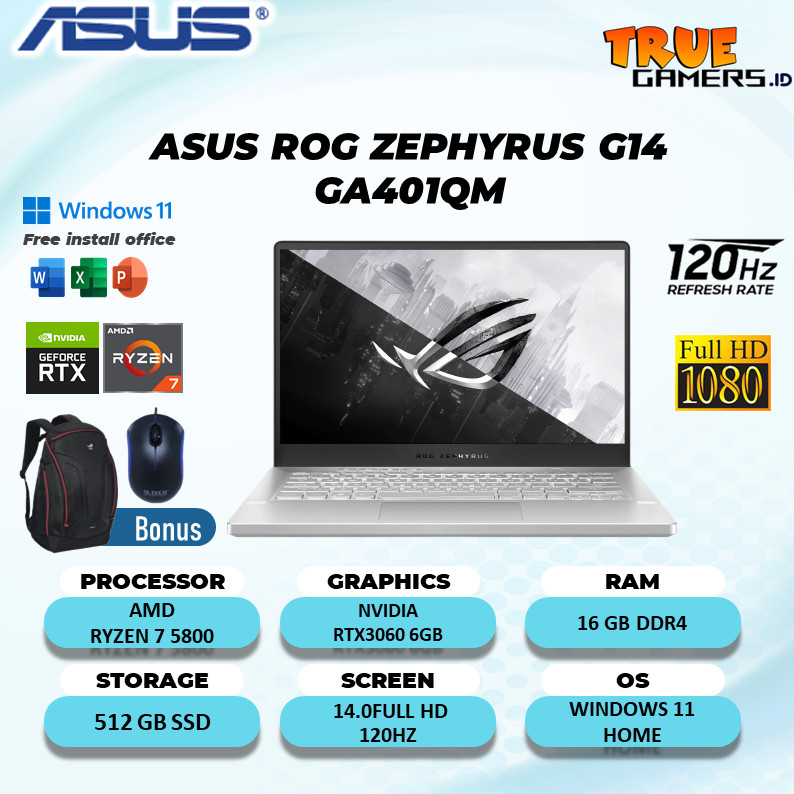 Laptop Gaming Asus ROG ZEPHYRUS G14 GA401QM RTX3060 6GB RYZEN 7 5800  16GB 512GB W11 14.0FHD 120HZ