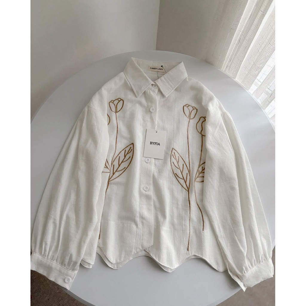 Lunara Bliss ~ Azalea Atasan Wanita Korean Style Bordiran Daun Bunga Simpel Busui Friendly Full Kanc