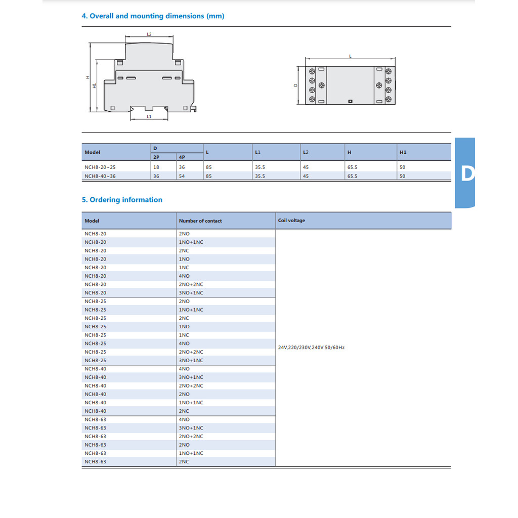 CHINT NCH8 20A 25A 40A 63A 1NO 1NC 2NO 2NC 4NO n Rail Household MIni AC Contactor 220V 230V 400V 63/