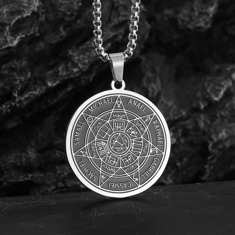 Perhiasan Baja Tahan Karat Angin Tujuh Malaikat Agung Amulet Liontin Retro Heptagram Kalung Karakter