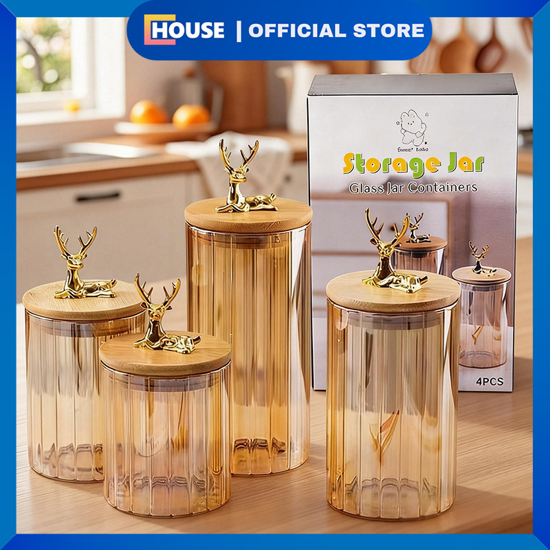 UHOUSE Set 4pcs Toples Kaca Kristal Tutup Kayu / Toples Kue Kering Lebaran / Toples Kaca Kedap Udara