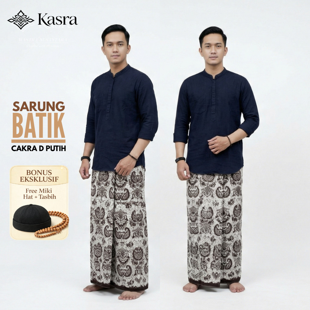 KASRA Sarung Batik Premium Pria Dewasa – Motif Cakra D Putih Katun Tebal Adem Nyaman