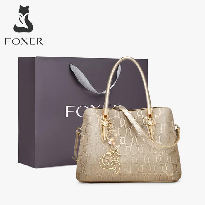 FOXER Tas Tangan Kulit Asli Kapasitas Besar Bahan Kulit Sapi Mewah Emas Tas Wanita Hadiah Ldul Fitri