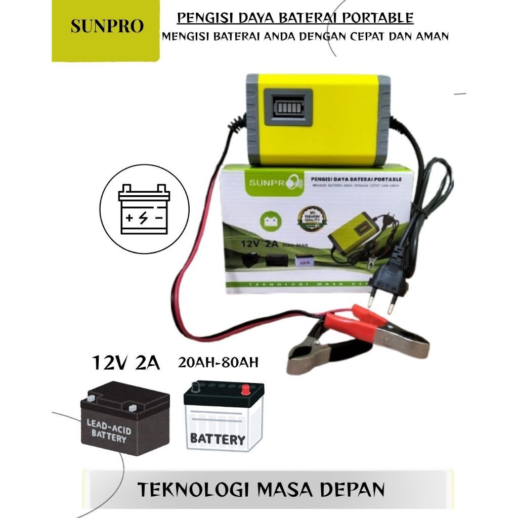 Charger Aki Montor Mobil Portable Sunpro 12V 2A / Charger Aki 20AH-80AH Universal