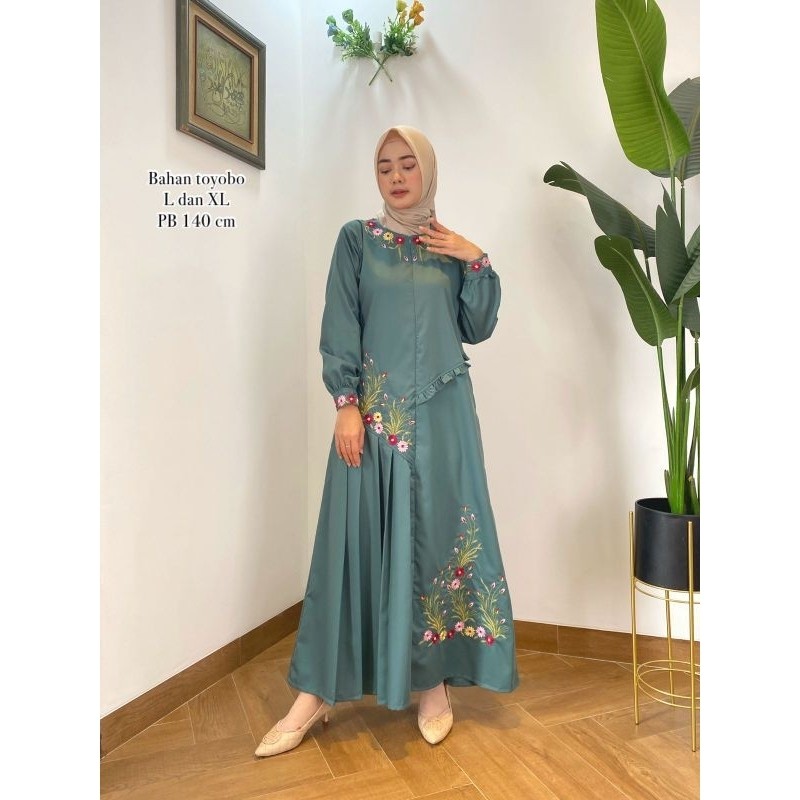 Gamis Katun Toyobo Bordir Rempel Samping Kembang Bunga