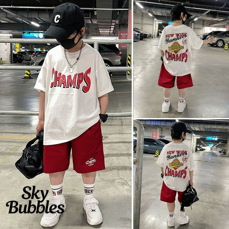 Sky Bubbles  Surat Tercetak Setelan Olahraga Lengan Pendek Dan Celana Pendek Baru Untuk Anak Laki-La