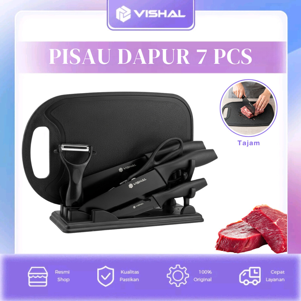 VISHAL Set Pisau Dapur 7in1 Lengkap dengan Talenan Kitchen Knife Set Pisau Tajam Anti Karat Stainles