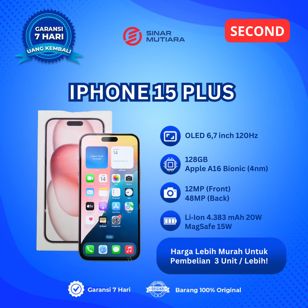 IPHONE 15 PLUS 128 GB HP SECOND ORIGINAL SINAR MUTIARA CELL