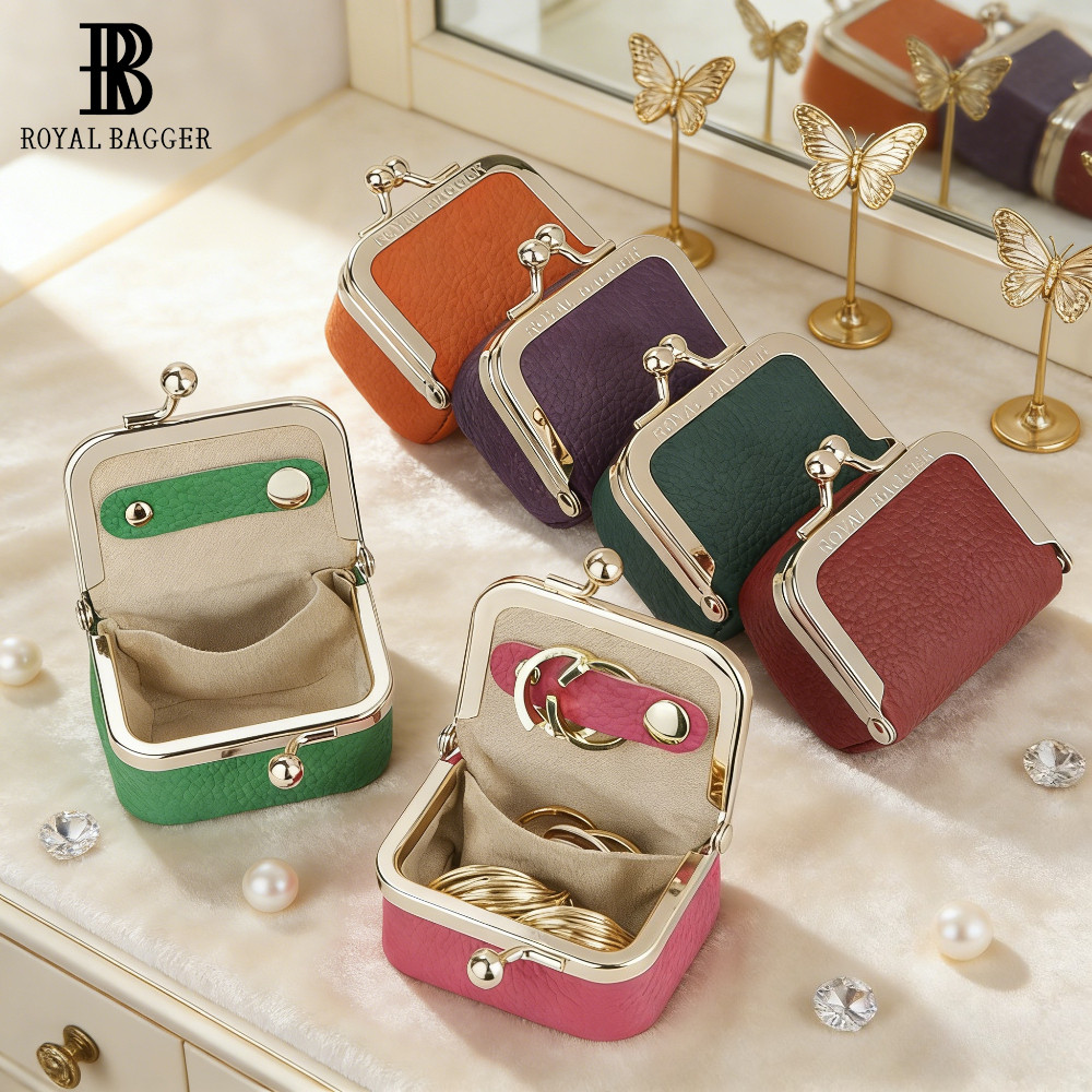 Royal Bagger Tas Koin Mini dari Kulit Asli, Dompet Koin dengan Kunci Tekan Warna Polos, Tas Penyimpa