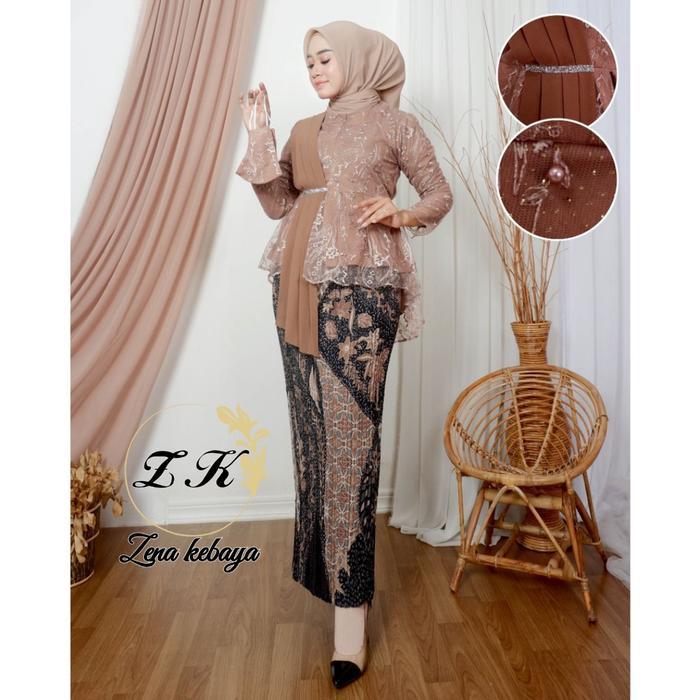 Setelan Dan Atasan Kebaya Aurora Selendang Kebaya Wisuda Bahan Tulle Bordir Rok Plisket Batik Kebaya