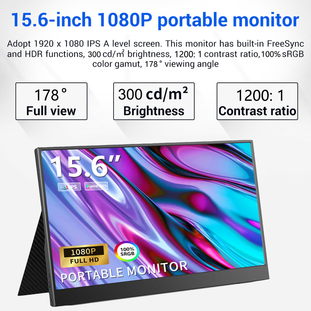15.6 Portable Monitor FHD for PC Laptop Phone Swit PS5/4 Xbox One Raspberry pi IPS 100% sRGB HDR LCD