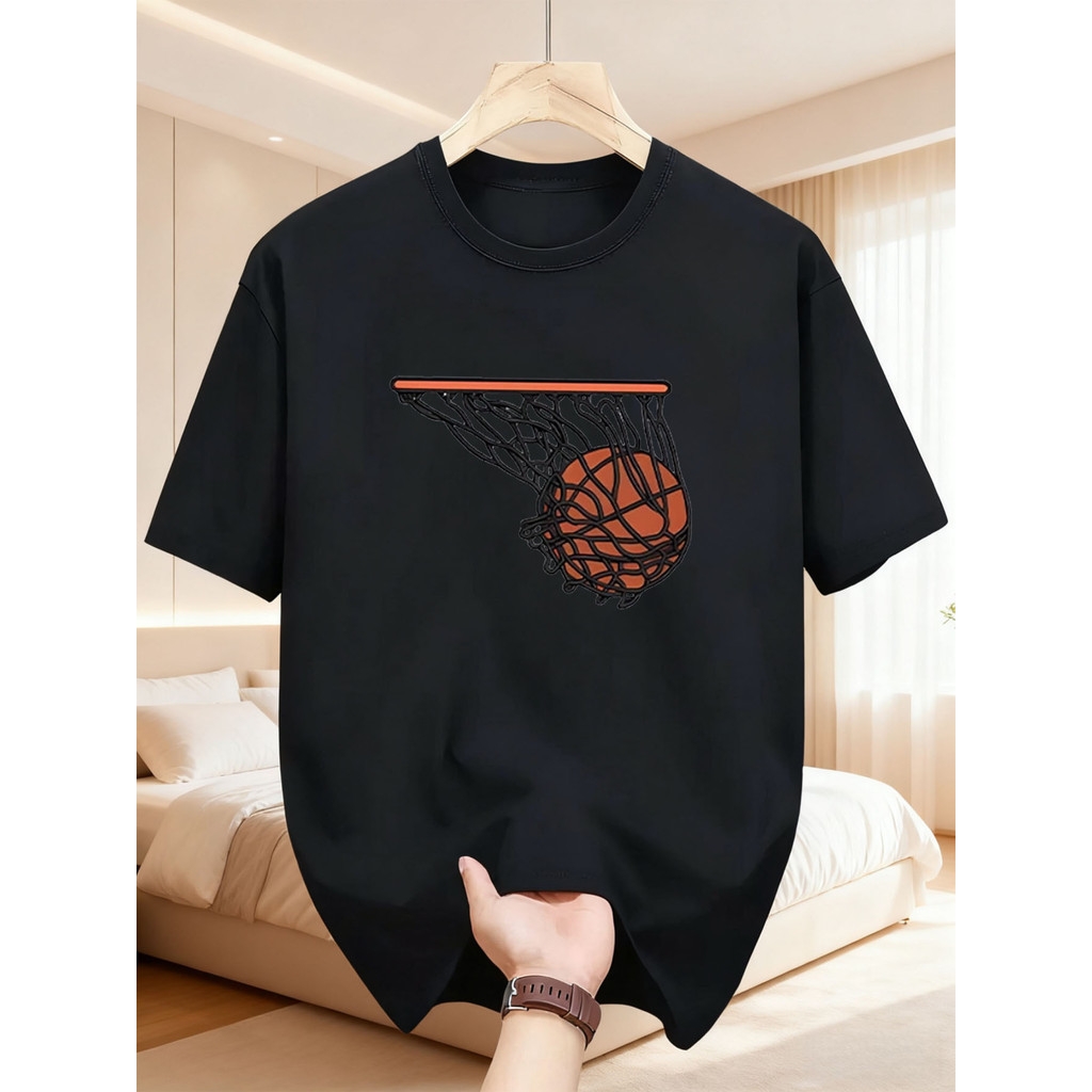 Kaos Hitam Pria dengan Cetakan Ring Basket, Katun Murni, Nyaman & Bernapas, Cocok untuk Fit Reguler 