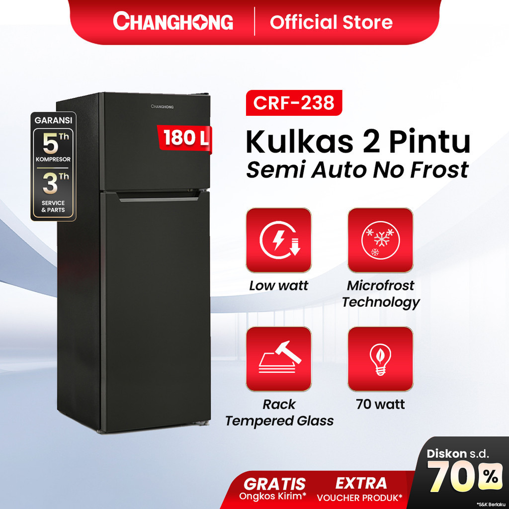 SS Changhong  Kulkas 2 Pintu Refrigerator Kapasitas 180 Liter - CRF238 Black JURAGAN