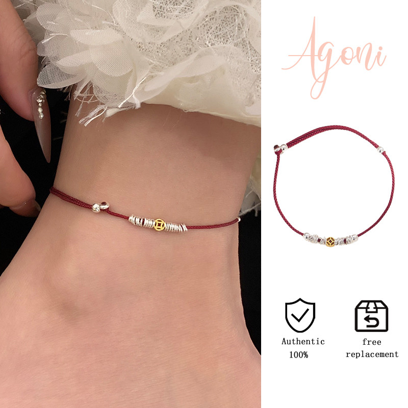 Gelang Kaki Gaya Cina Baru Fragmen Koin Perak Tali Merah Mewah Ringan Perhiasan Kaki Tenun yang Inda