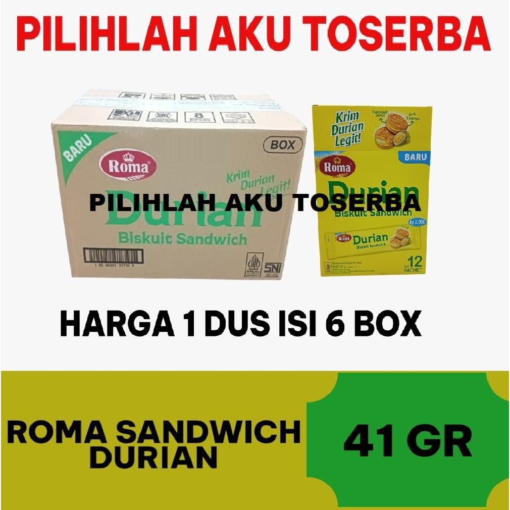 Biskuit Roma SANDWICH DURIAN kemasan Box - ( HARGA 1 DUS )