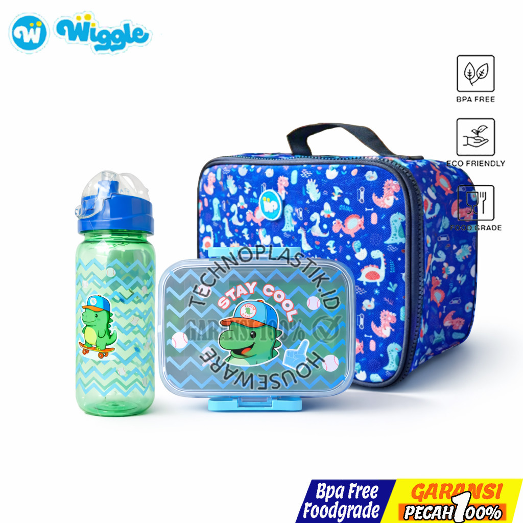 WIGGLE Lunch Box Set Lunch Bag Kids Set Hello Dino |Tempat Bekal & Botol Minum Tas
