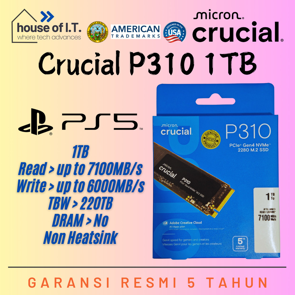 SSD NVMe Crucial P310 1TB - Garansi Resmi 5 Tahun - SSD PS5 CRUCIAL 1TB