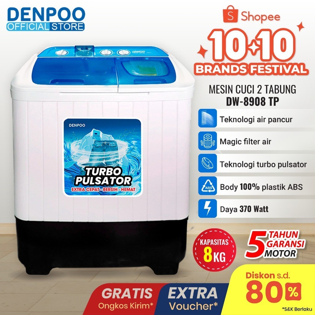 LS Denpoo Mesin Cuci 2 Tabung DW 8908 Turbo Pulsator 8KG