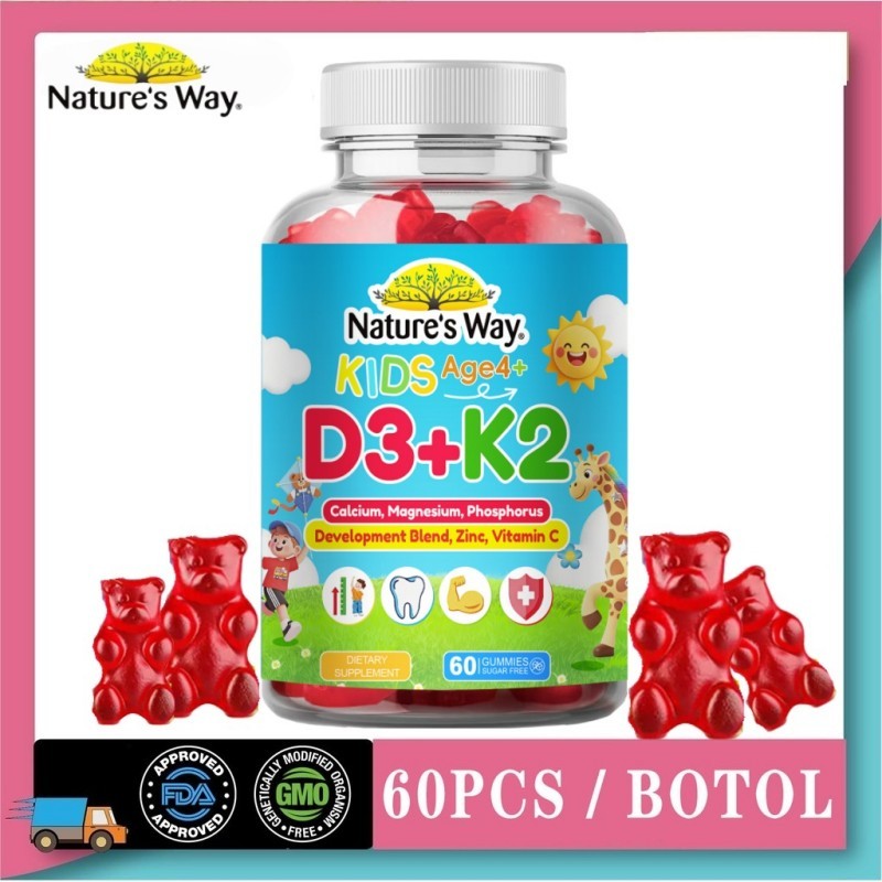 Nature's Way Vitamin D3 K2 Gummies for Kids 60pcs Calcium, Magnesium, Zinc, Phosphorus, Vitamin C, M