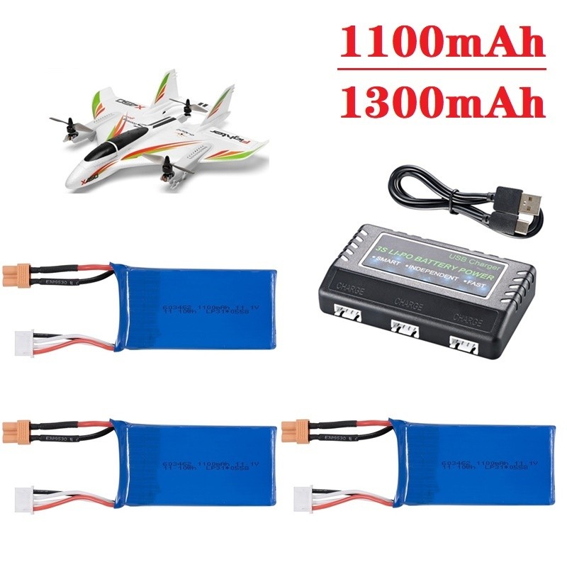 3S 11.1V 1100mAh/1300mAh Battery with Charger for XK X450 FPV RC Airplane Spare Parts 11.1V Lipo Bat