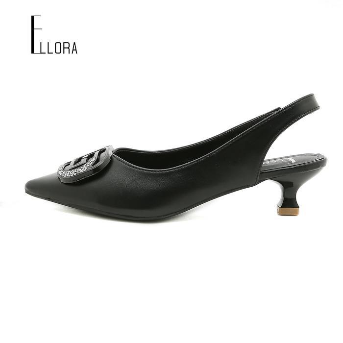 ELLORA EL-6630 Sepatu Heels Wanita Import Slingback Premium Black Shoes pansus tali belakang - Black