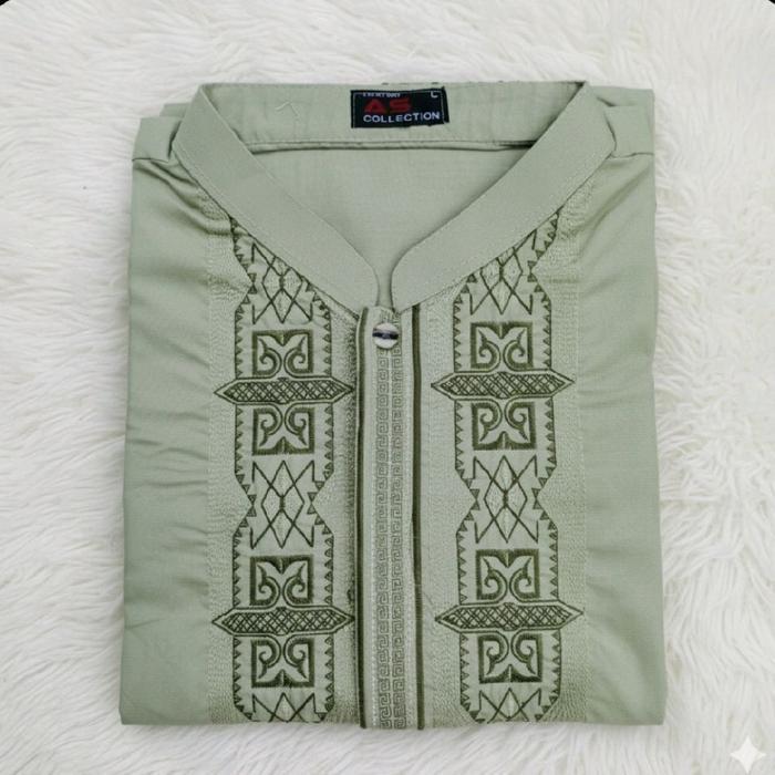 Collection Lebaran Baju Koko Pria Dewasa Jumbo Lengan Panjang Bordir - Hijau Sage, M