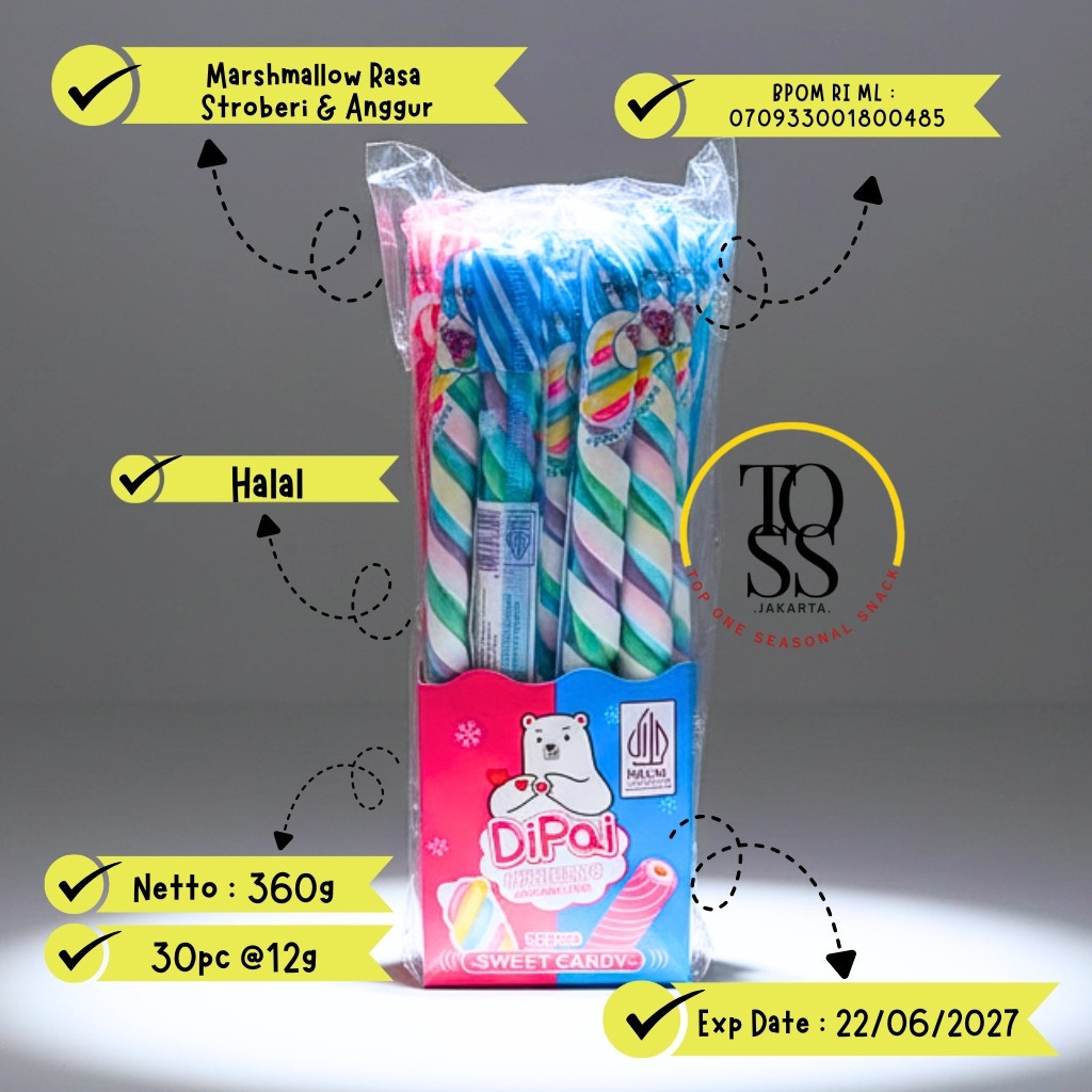 Dipai Marshmallow Kepang Aneka Rasa Isi 30 - Marshmallow  Panjang Ulir