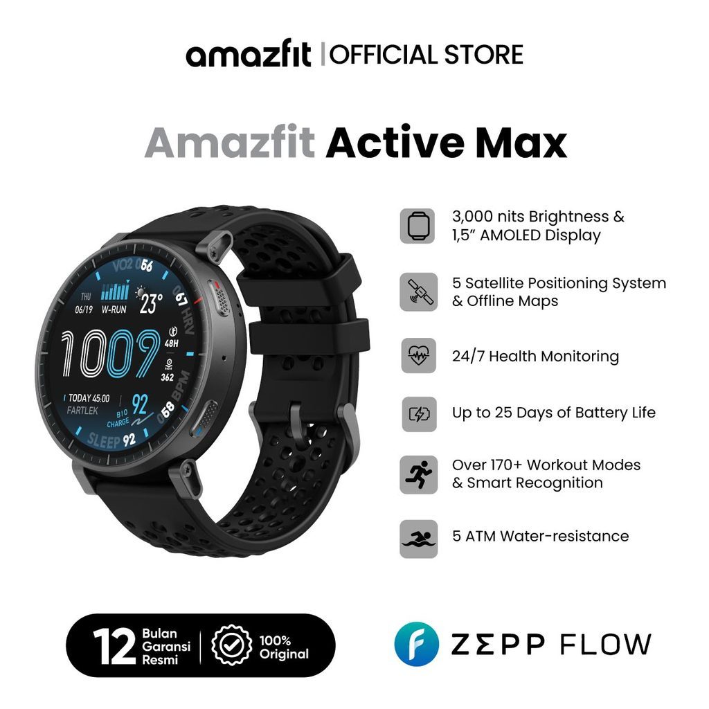 ( PRODUK BARU ) Amazfit Active Max Smartwatch | GPS Sport Watch | Baterai 25 Hari | Offline Maps | W