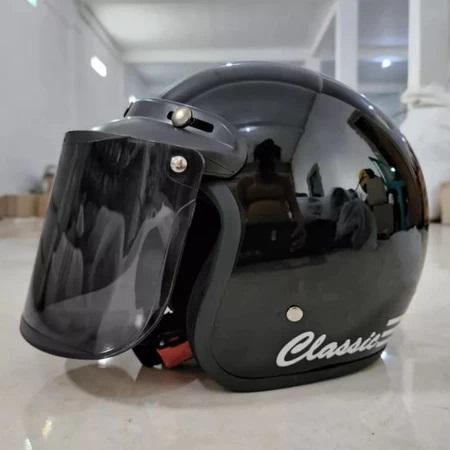 HELM SNI BOGO CLASSIC GARIS + KACA Cembung Motorcycle - Hitam Glossy, Cembung Smoke D