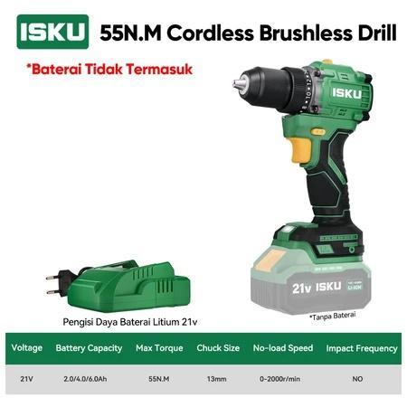 ISKU Brushless Drill 55NM 21V Bor Lithium Ion 3 in 1 Torsi Kuat Tahan Air Chuck 13mm Auto LED Light 