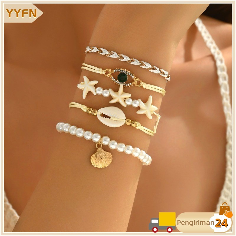 Gelang Kerang Laut Tenun Tangan, Kerang Laut, Kerang Kipas, Set Lima Buah Gaya Bohemian, Bisa Disesu