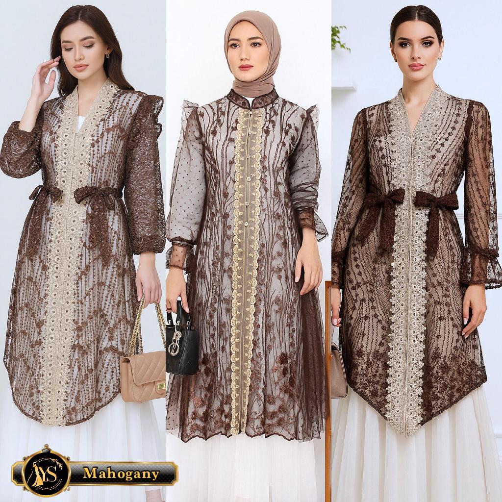 Ablez Yesaya Outer Brukat Atasan Tunik Muslim Wanita Khusus Mahogany Seragaman