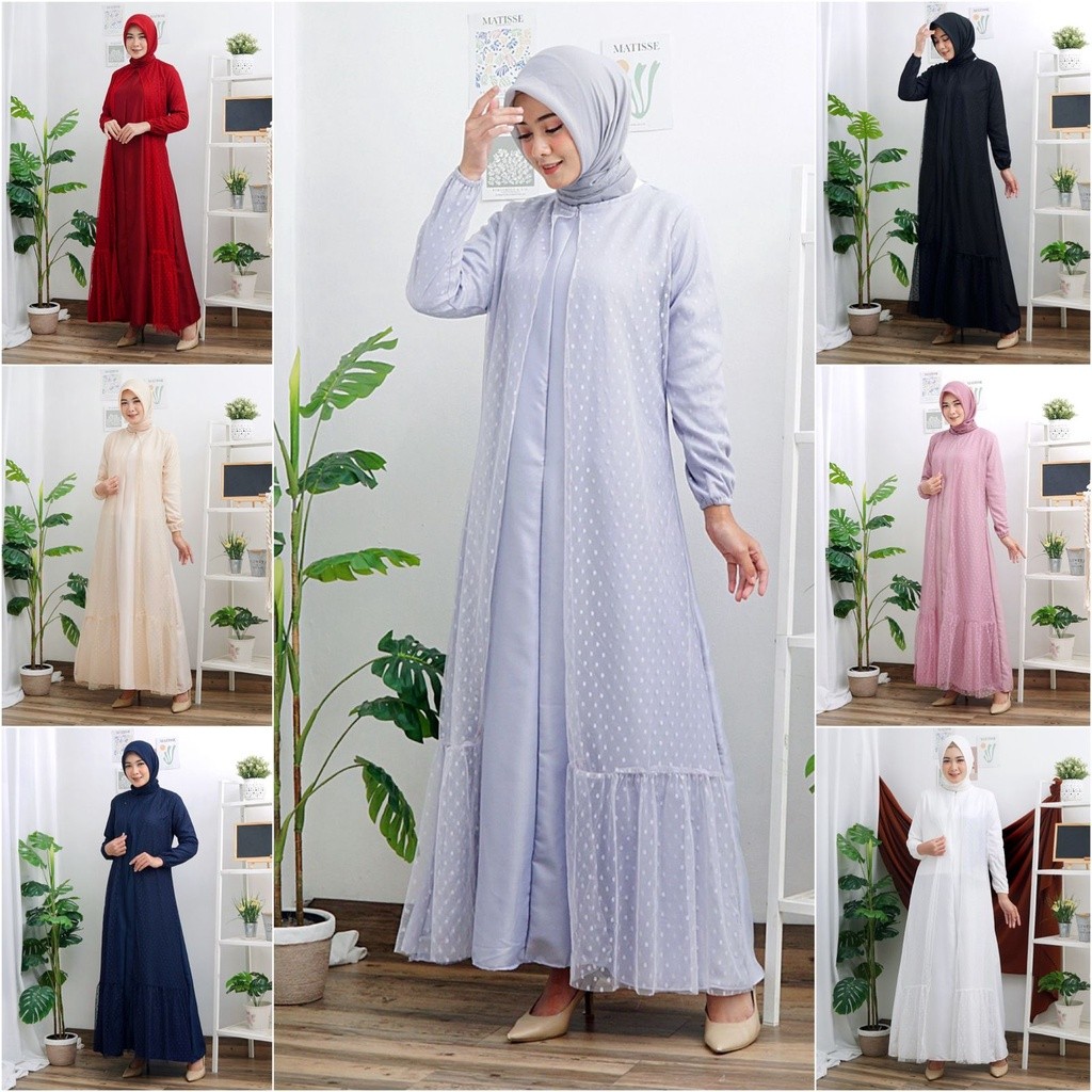Haliya Tile Dotty Gamis Dress Mosscrepe Mix Tille Dot Maxi Dres Muslim Lebaran Pesta - Supiler