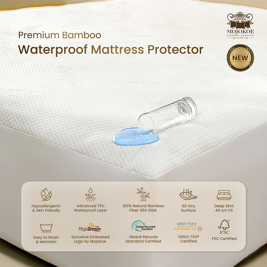 (SmartLivin) MOJOKOE Premium Bamboo Sprei Waterproof Mattress Protector | Bambu Penutup Kasur Pelind