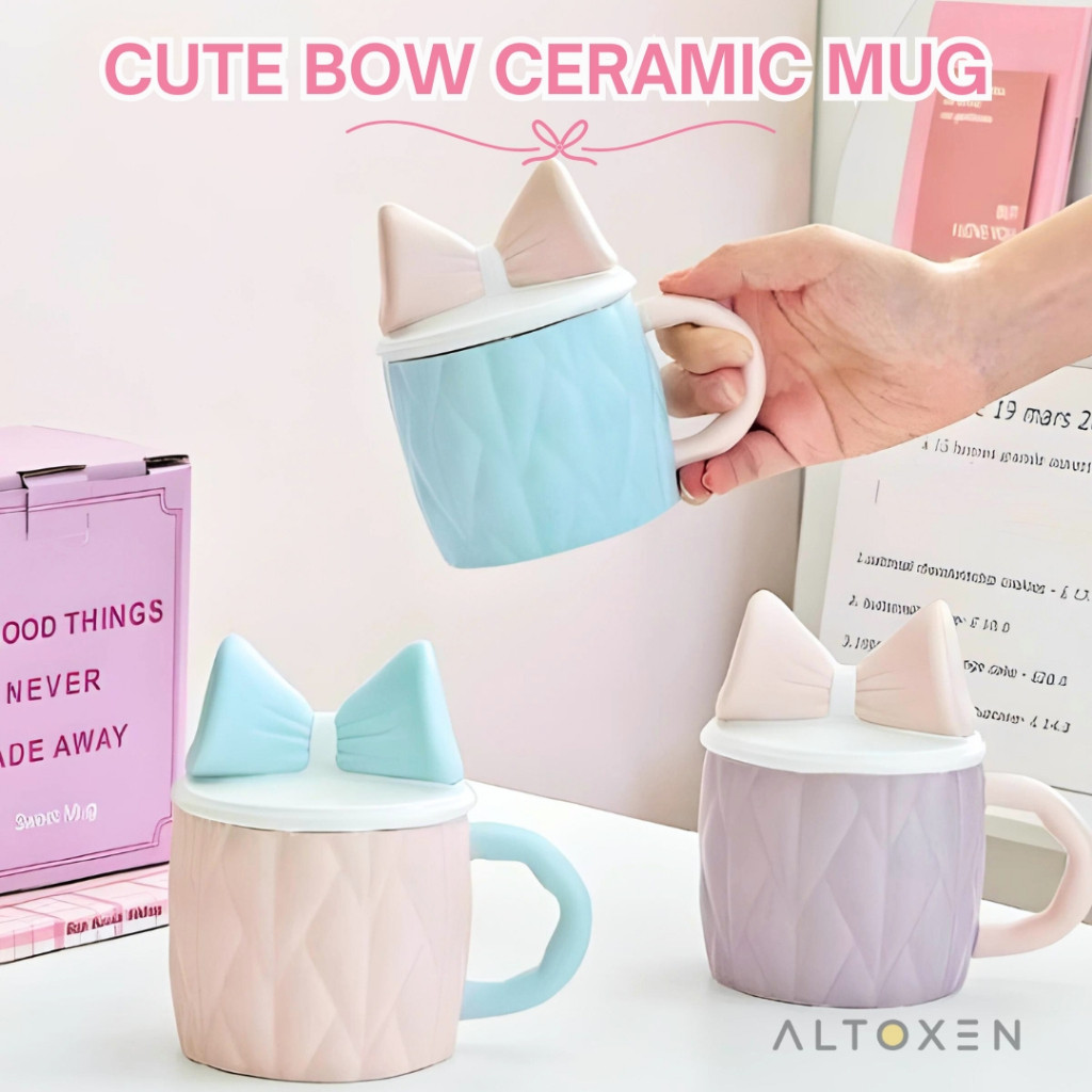 BIG SALE Cangkir Keramik Pastel Gaya Korea Cantik Estetik Tutup Pita Cute Bow Lid Ceramic Mug