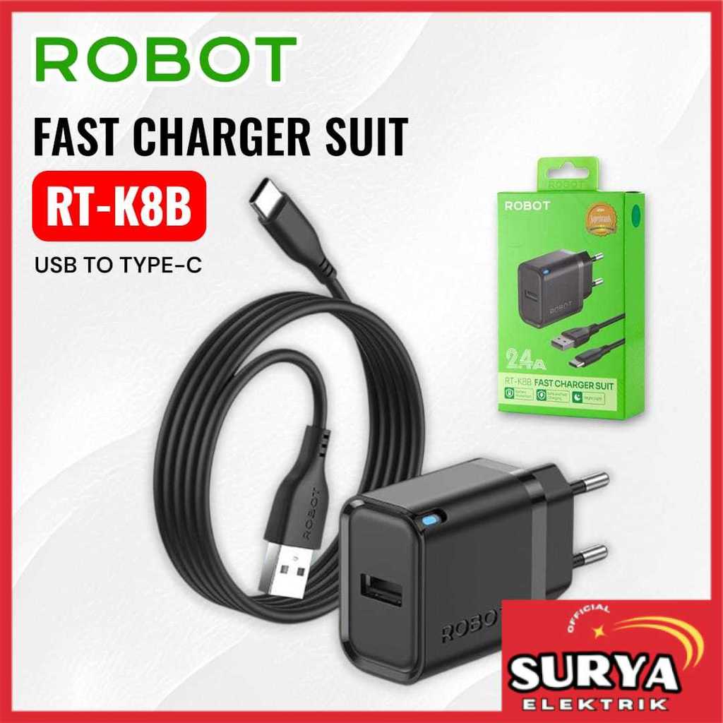 Kepala Charger / Travel Adapter ROBOT RT-K8B HP Handphone 5V 2.4A 12W FC Single Port Kabel USB To Ty