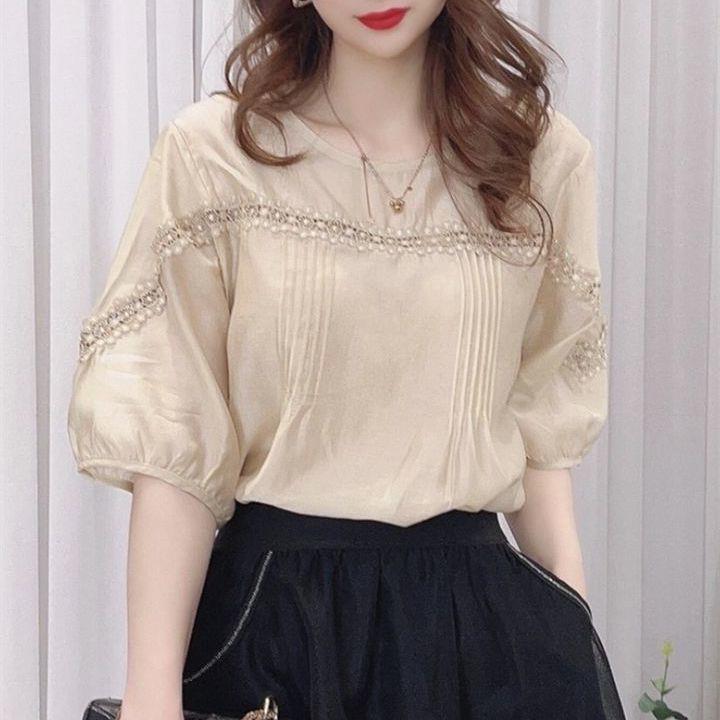 Blus sifon lengan pendek dengan detail renda vintage, gaya Prancis baru, model longgar yang