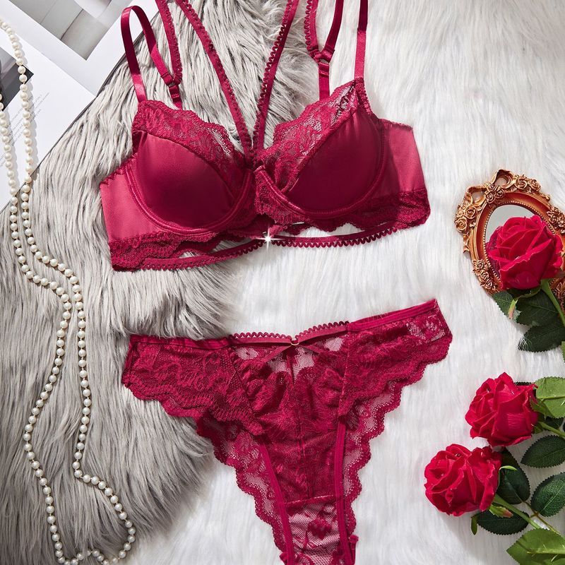 LadyAllure COD Set Bra & Celana Dalam Wanita Merah Maroon Renda Tali Ikat Gaya Perancis Push Up Cup 