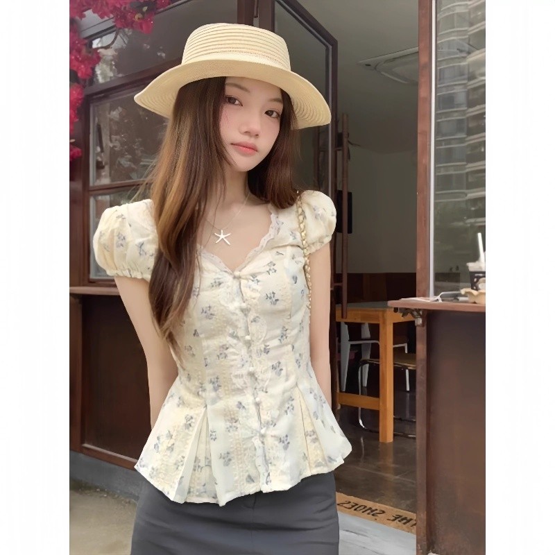 [Pakaian Ratu] Kemeja lengan pendek renda atasan kerah Perancis untuk wanita kemeja bunga ramping
