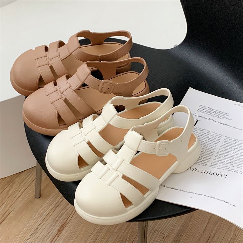 Sandal musim panas wanita gaya Korea untuk pelajar, berbahan plastik transparan, berhak tinggi, anti