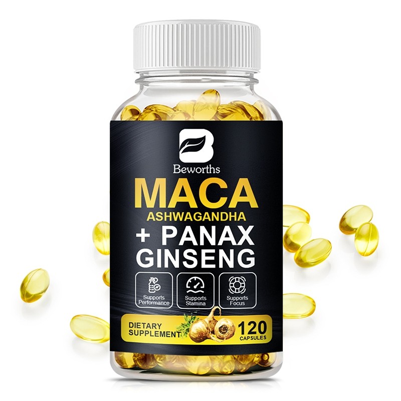 Beworths Akar Maca Kapsul dengan Akar Ashwagandh a & Panax Ginseng Korea untuk Peningkat Energi Alam