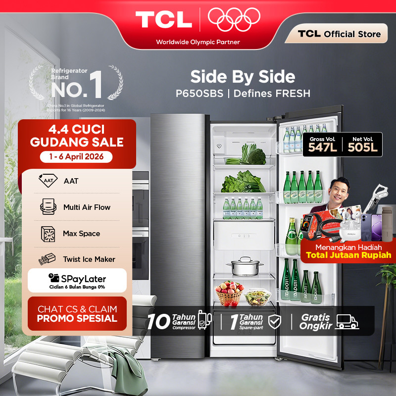 TCL Kulkas 2 Pintu Side by Side – Kapasitas 547L - Metal Gray - Inverter - Lemari Es - P650SBS