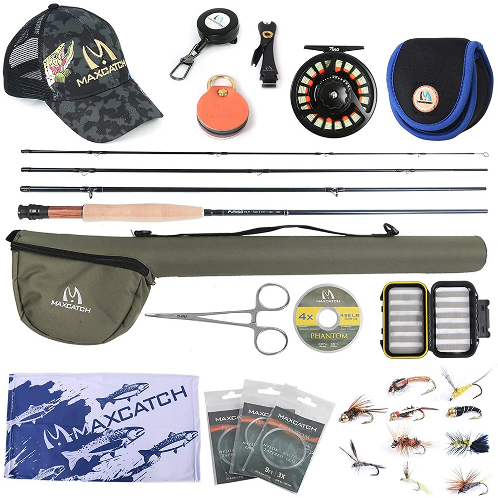 MAXCATCH Amigo Fly Fishing Kit 9ft 5-7WT Fast Action Fly Rod Reel Line Leader Hooks w/ Triangle Tube