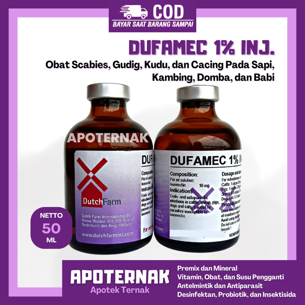DUFAMEC 1% Injeksi 50 mL | Obat Scabies Gudig Kutu dan Cacing Pada Sapi Kambing Domba dll Mectin | D