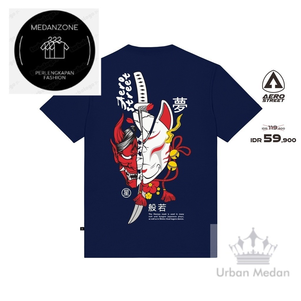 Aerostreet T Shirt Hannya Kitsune Navy Kaos T-Shirt Tshirt AADAA